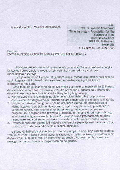 Mišljenje profesora Velje Abramovića o Dr Veljku Milkoviću