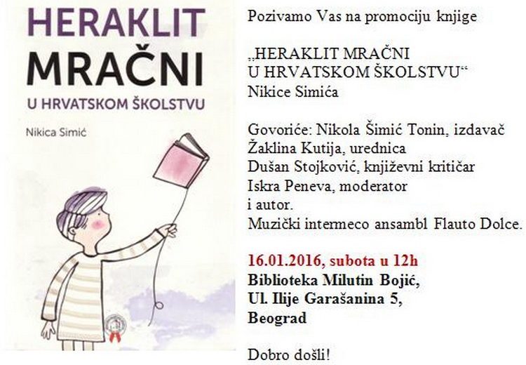pozivnica i knjiga Heraklit mračni u Hrvatskom školstvu